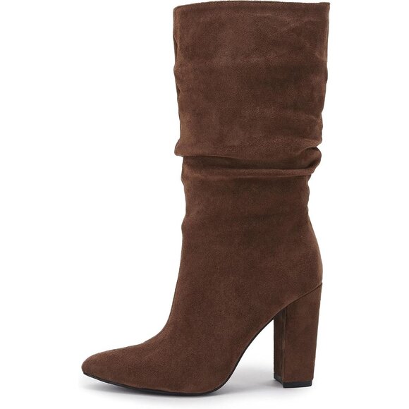 Women's Coffee Suede Mid Calf High Slouchy Chunky Heel Block Pointed Toe Boots - Picture 6 of 8
